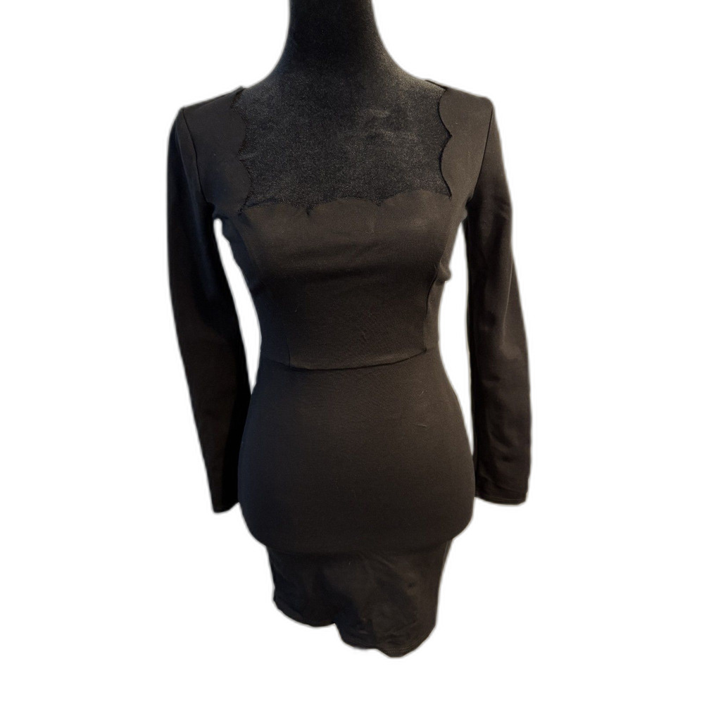 Black Long Sleeve Bodycon Mini Dress — Scalloped Mesh Chest Detail, Fitted